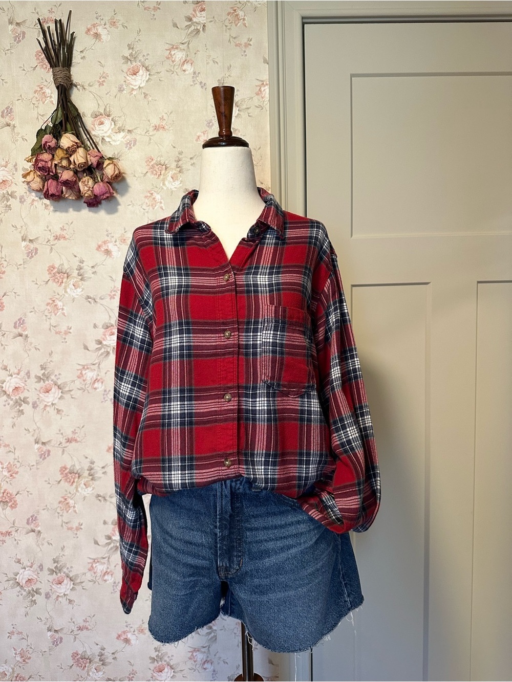 Abercrombie & Fitch Flannel Shirt Red & Blue Plaid Size Large - Picture 7 of 11